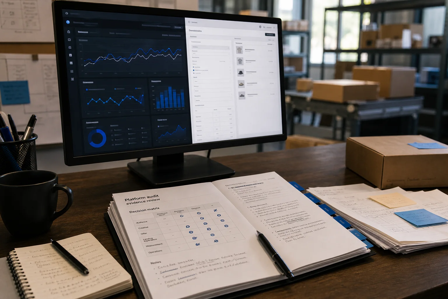 Generated illustrative evidence-review desk with generic dashboards, an annotated audit report, and fulfillment context. No client or platform data is shown.