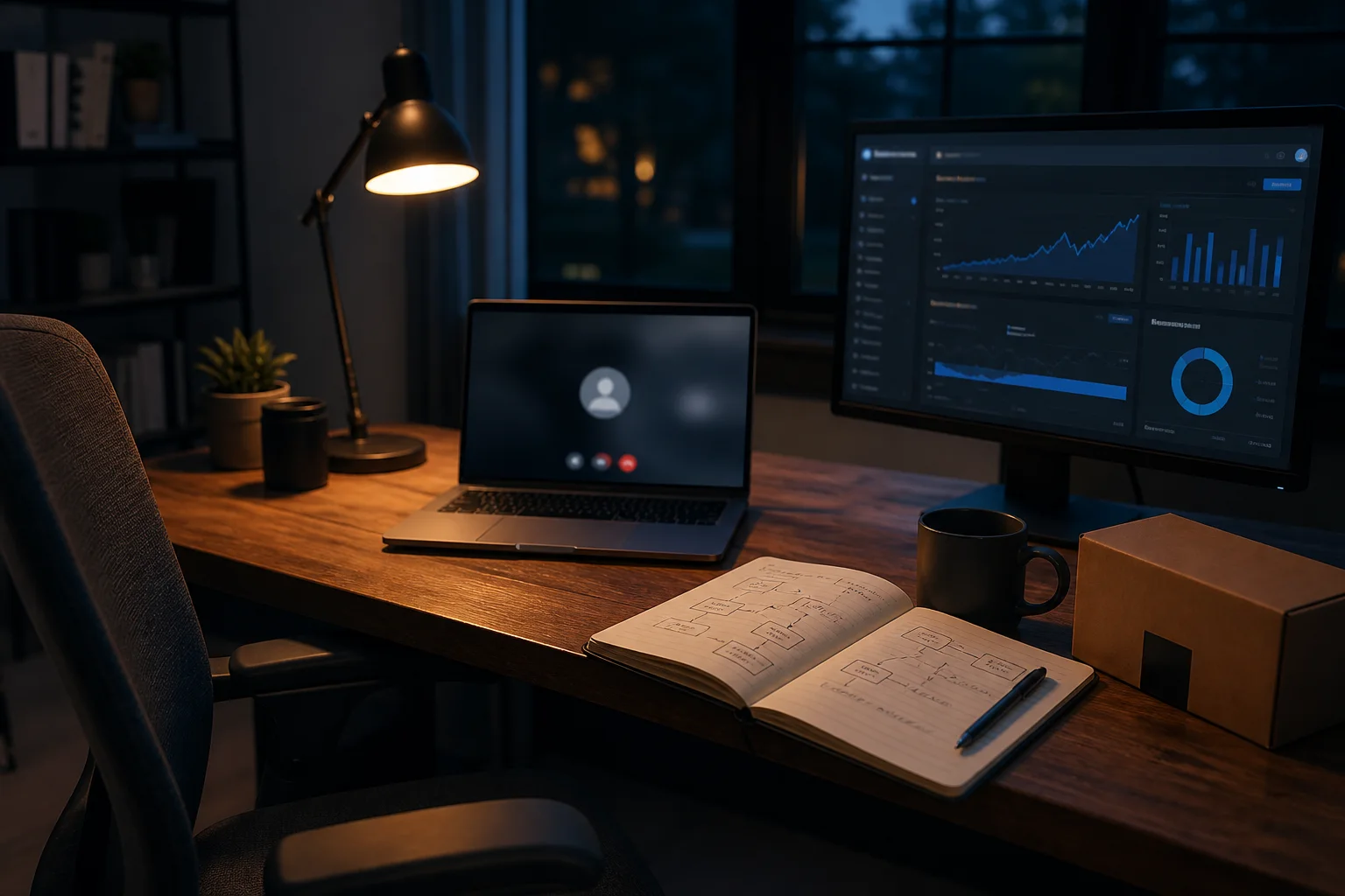 Generated illustrative private consulting workspace prepared before a video call, with generic screens, a notebook, and no client data.