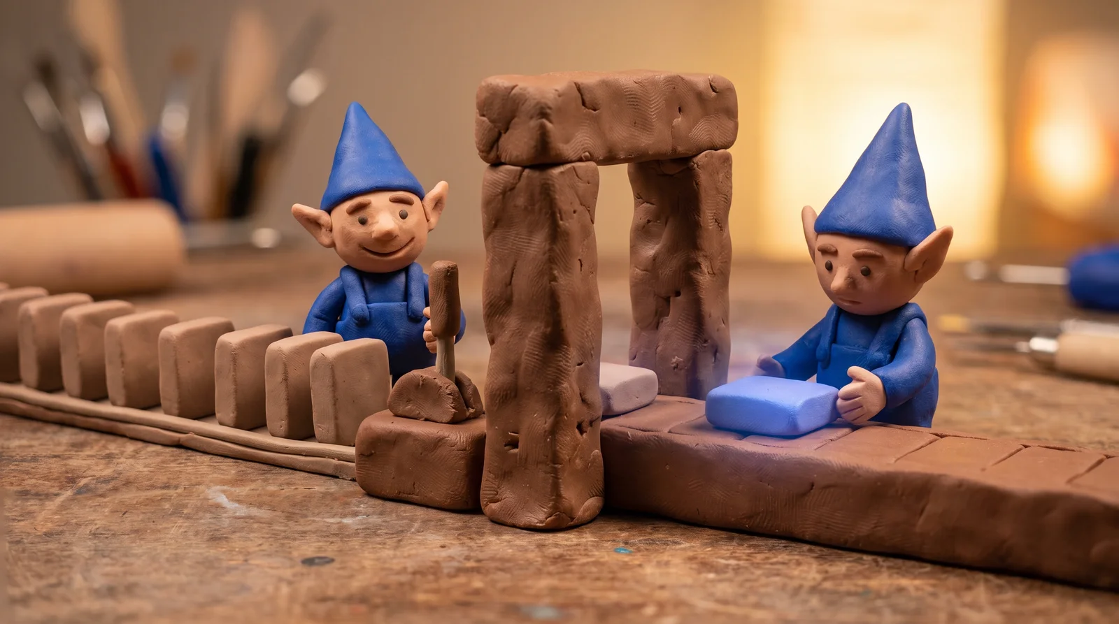 Claymation scene: a worker at a gate releases one approved card through to a colleague while a queue waits behind it.