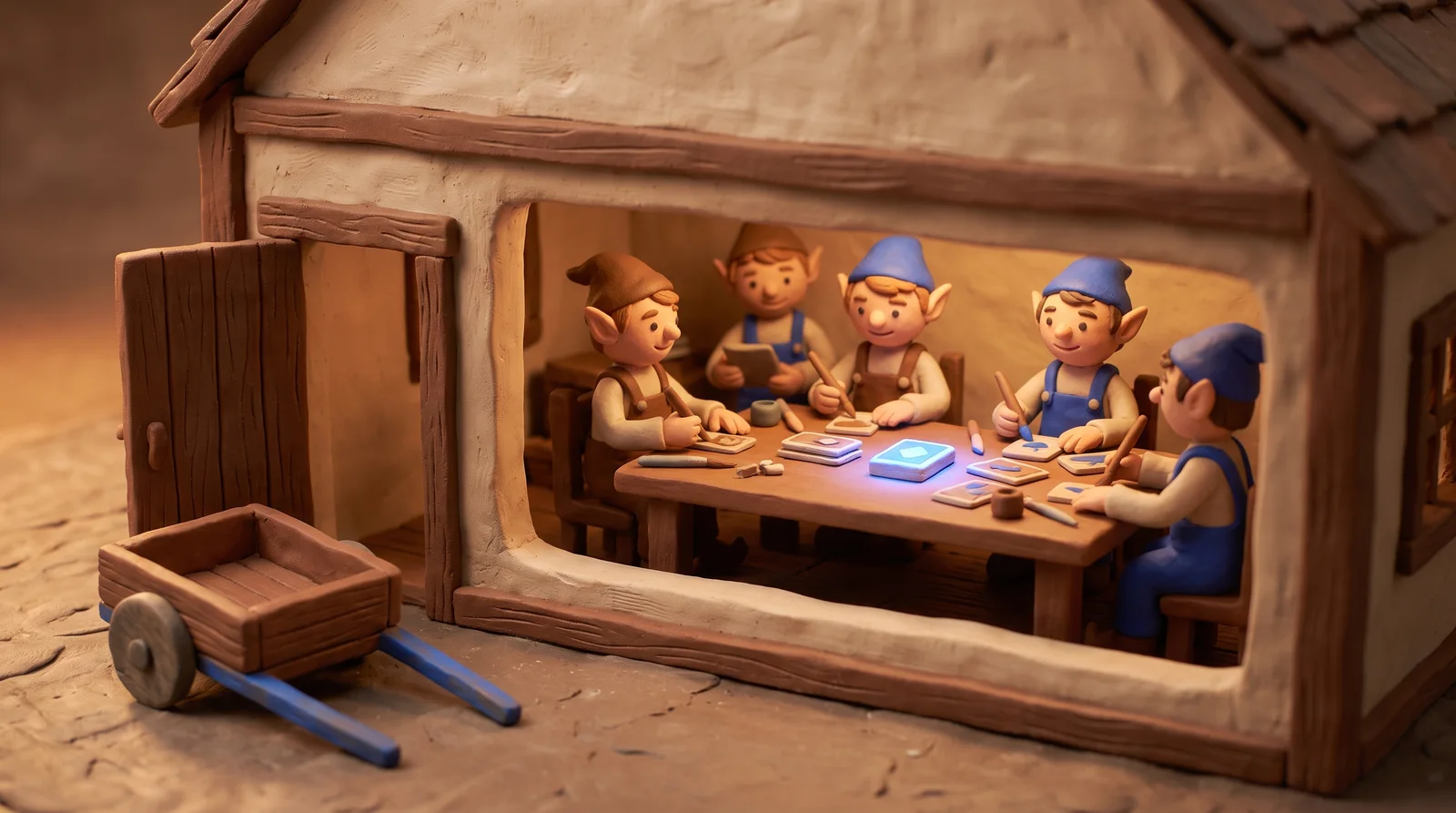 Claymation scene: a cutaway shop where brown-overalled and cobalt-overalled workers share one table, while a delivery cart sits unused outside the door.