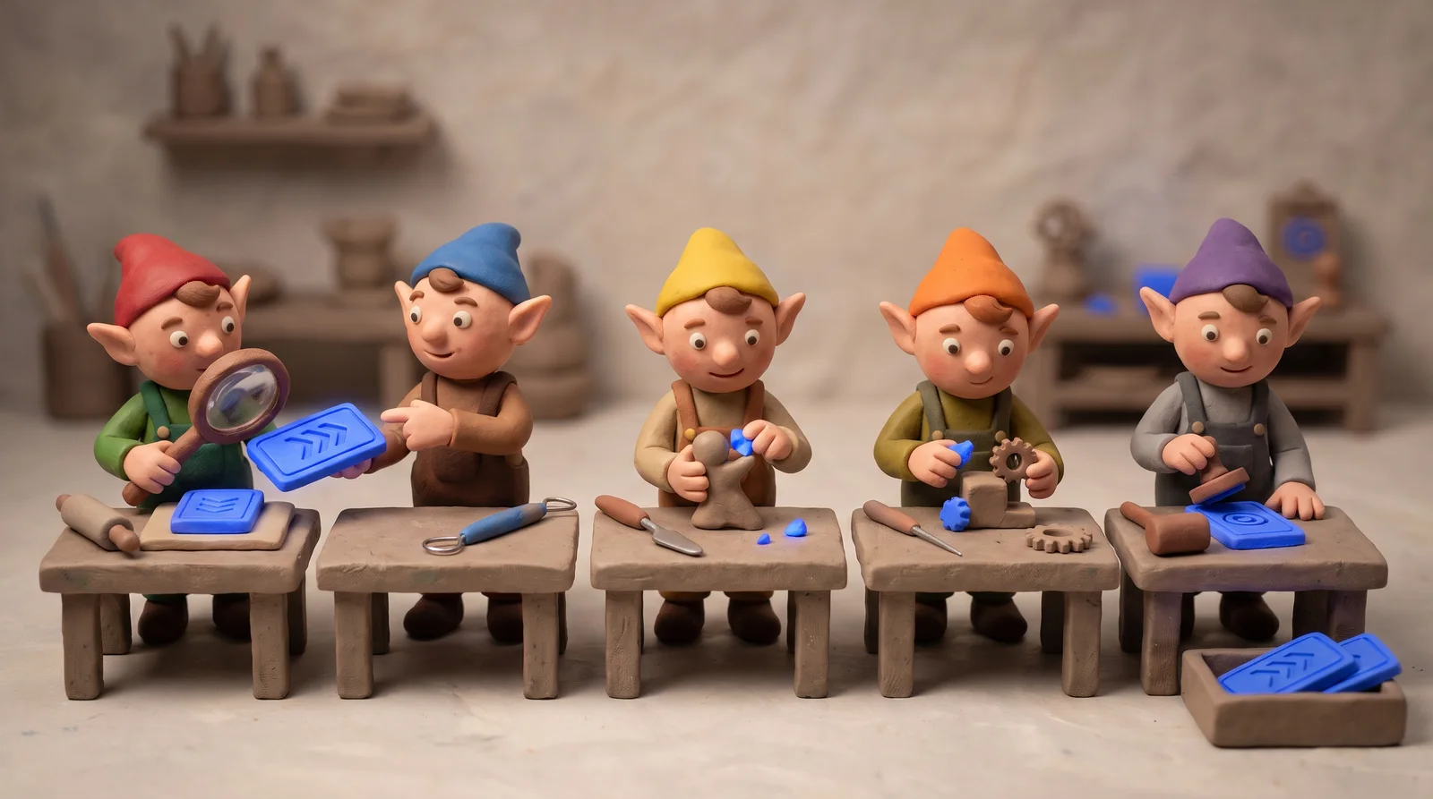 Claymation scene: five workers at five stations pass one glowing decision card down the line, ending in a finished tray.