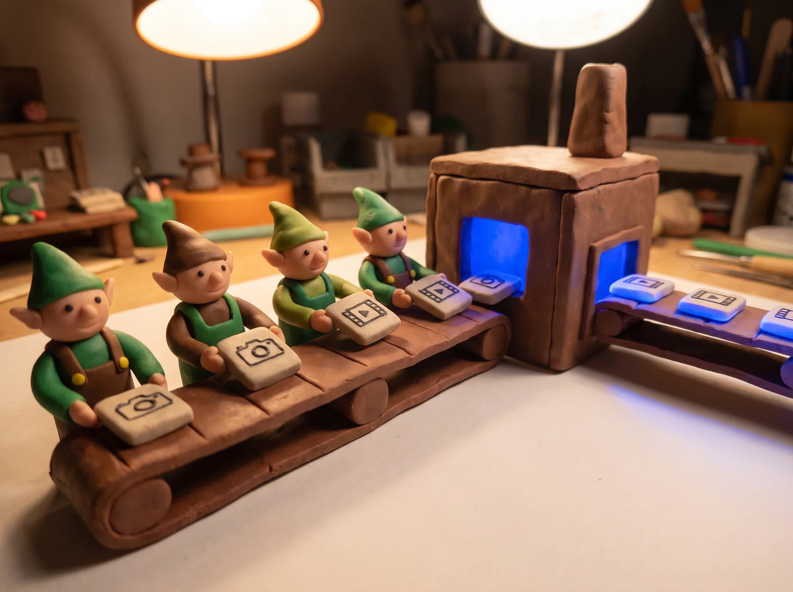 Claymation scene: elf workers pass image and video tiles down a belt into a small factory that returns them glowing cobalt.