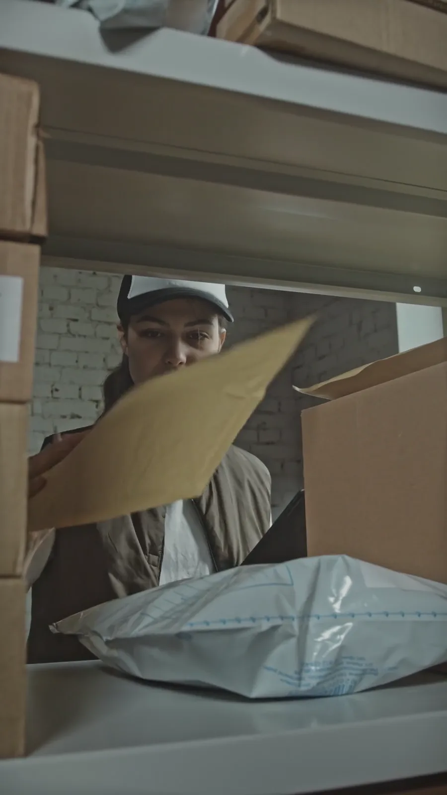 An operations worker checks boxed orders on warehouse shelving.