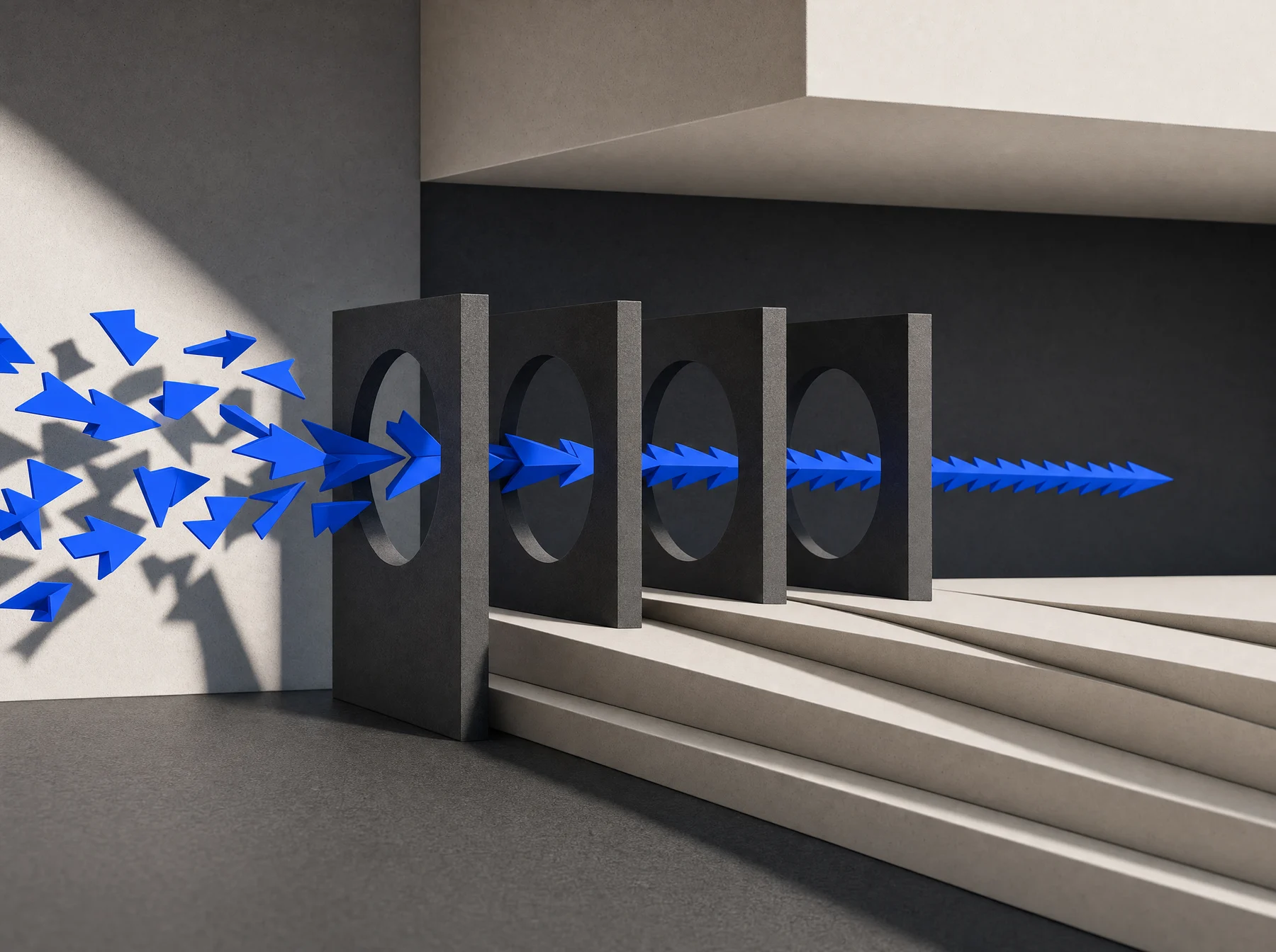 A cobalt signal gathering separate graphite structures into one calibrated path.