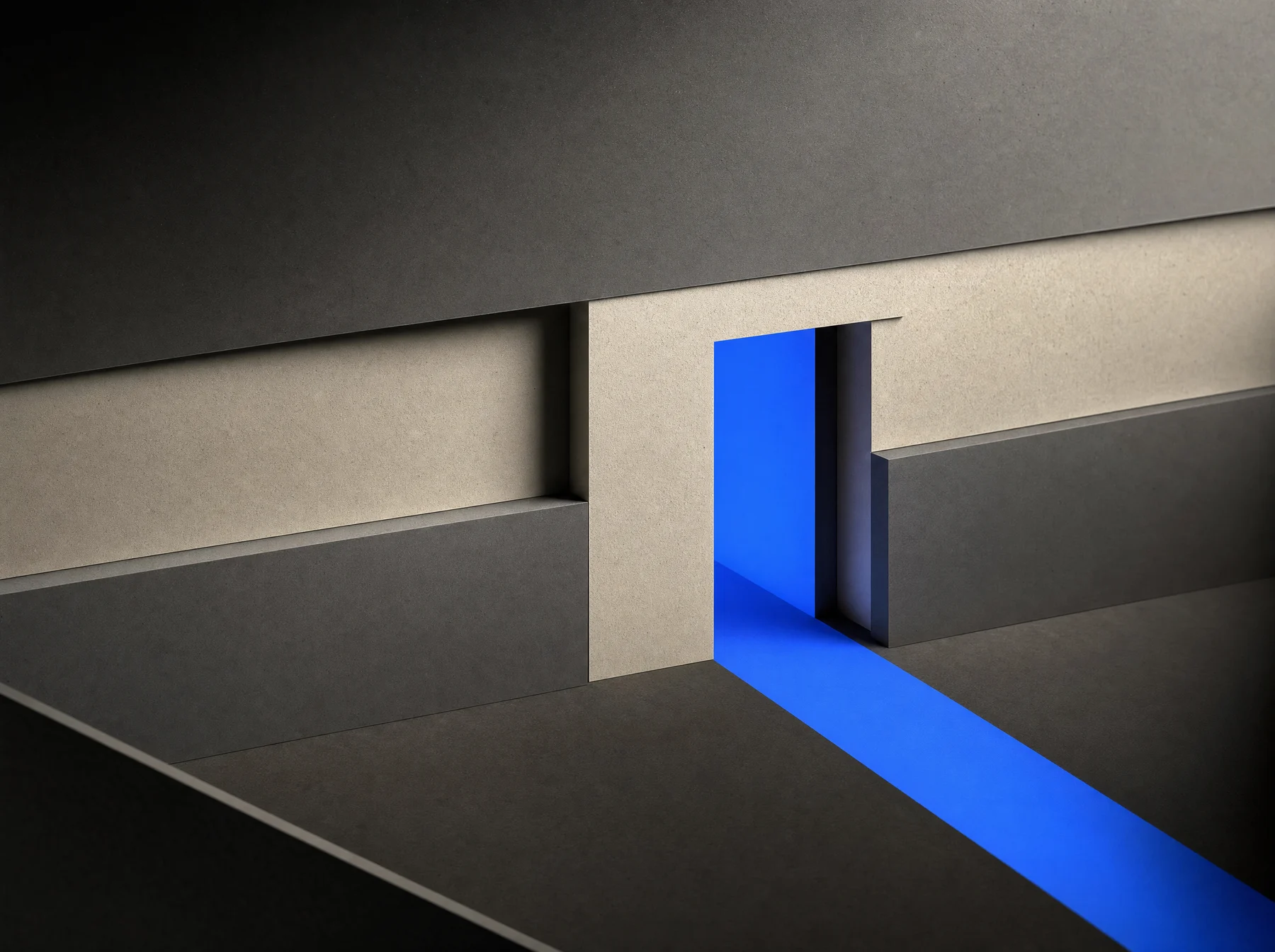 Layered graphite planes converging into one clear cobalt-lit passage.
