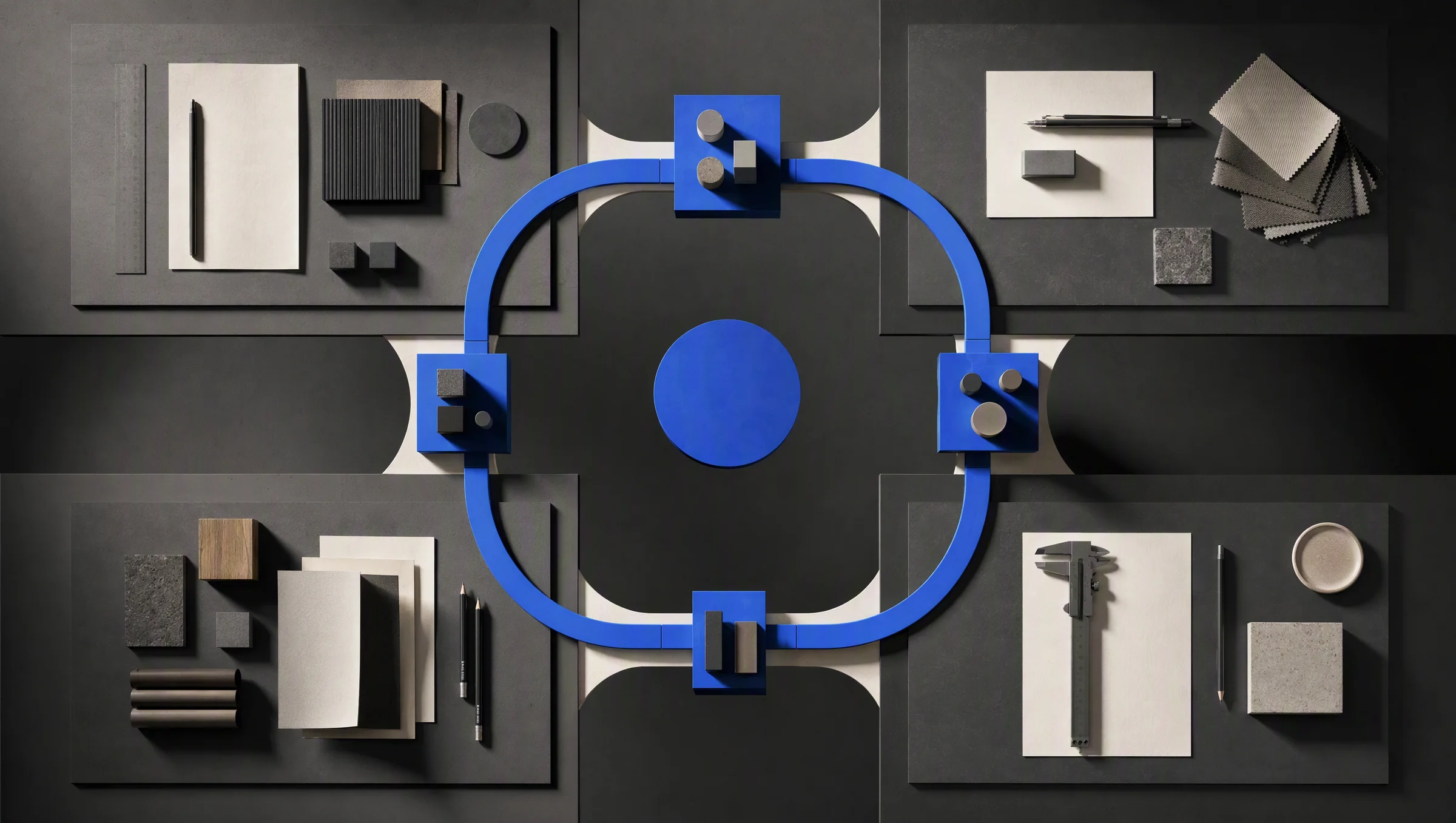 Four connected operating surfaces arranged around one cobalt central rail.