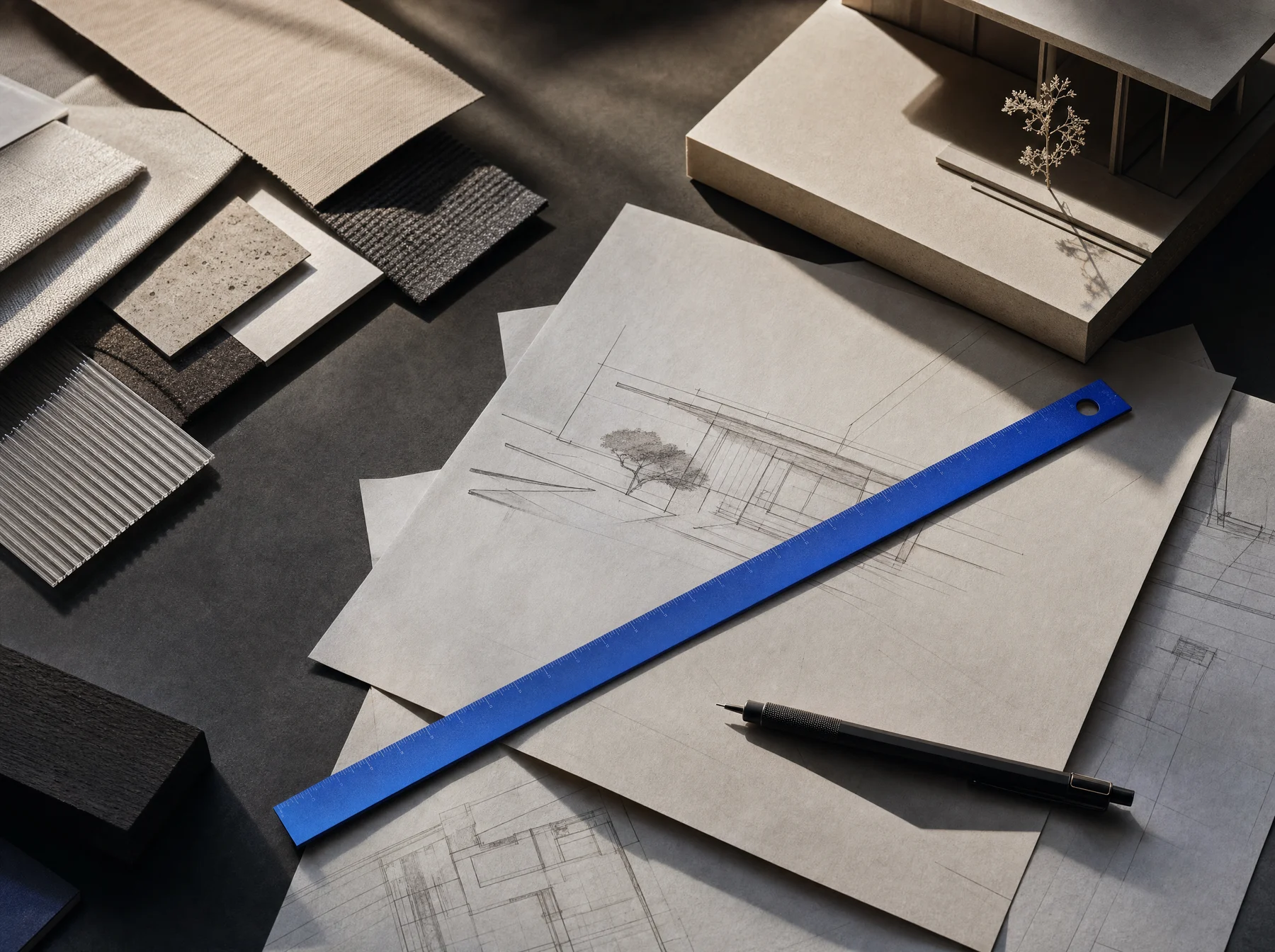Architectural sketches, material swatches, and a cobalt ruler across a working desk.