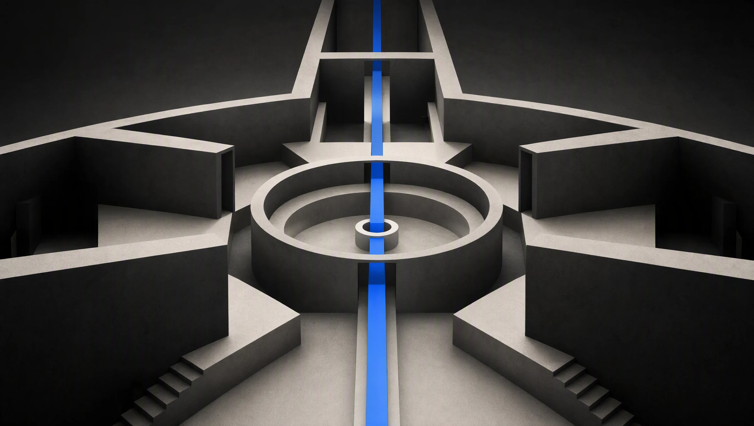 A radial concrete structure with a cobalt channel running through its center.