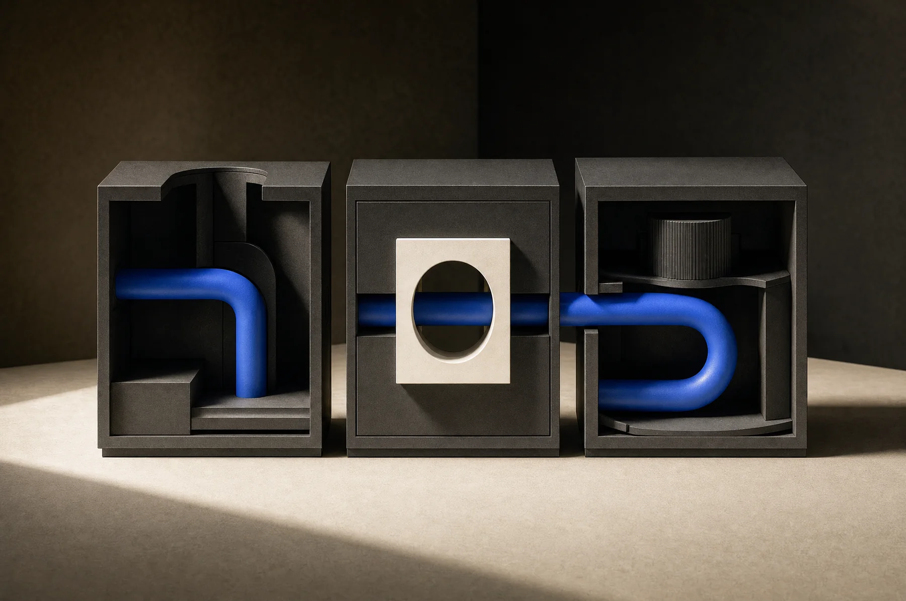 Three graphite chambers joined by one cobalt decision loop.