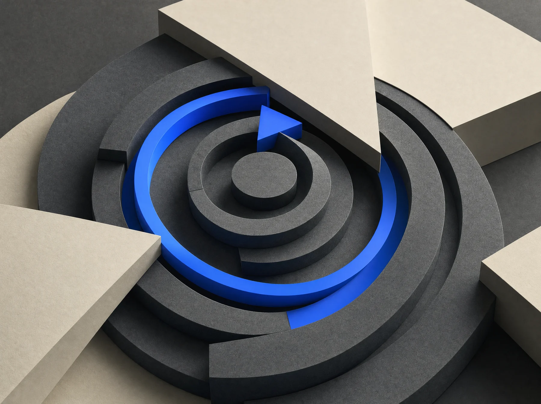 A cobalt signal returning through concentric graphite rings into a stable center.